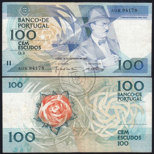 100 Escudos 1986 Fernando Pessoa 16/10/1986, 100$00 Cem Escudos 16/10/1986 Chapa:9 Banco de Portugal, (C), Pick 179a