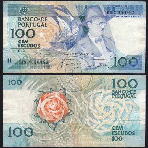 100 Escudos Fernando Pessoa 03.12.1987, One Hundred Escudos 3 december 1987 Plate 9 - Bank of Portugal, (C), Pick 179d