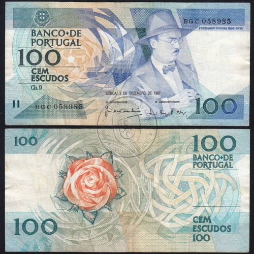 100 Escudos Fernando Pessoa 03.12.1987, One Hundred Escudos 3 december 1987 Plate 9 - Bank of Portugal, (C), Pick 179d