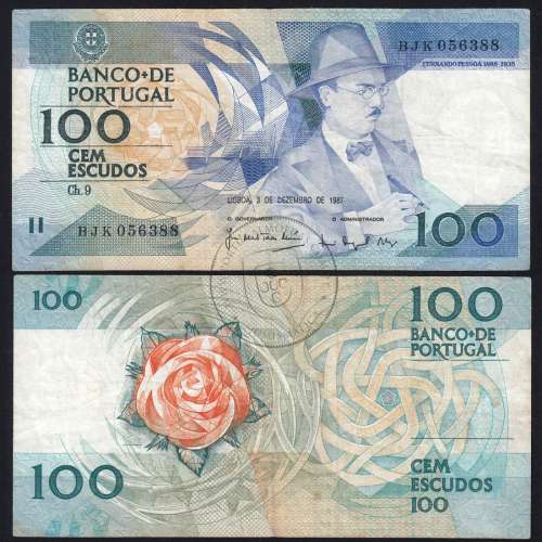 100 Escudos Fernando Pessoa 03.12.1987, One Hundred Escudos 3 december 1987 Plate 9 - Bank of Portugal, (C), Pick 179d