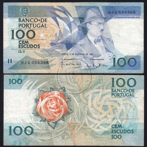 100 Escudos Fernando Pessoa 03.12.1987, One Hundred Escudos 3 december 1987 Plate 9 - Bank of Portugal, (C), Pick 179d