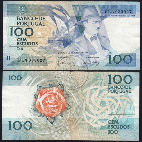 100 Escudos 1987 Fernando Pessoa 03/12/1987, 100$00 Cem Escudos 03/12/1987 Chapa:9 Banco de Portugal, (C), Pick 179d