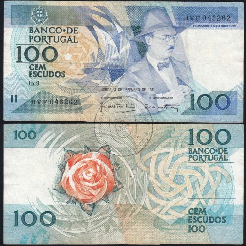 100 Escudos Fernando Pessoa 03.12.1987, One Hundred Escudos 3 december 1987 Plate 9 - Bank of Portugal, (C), Pick 179d