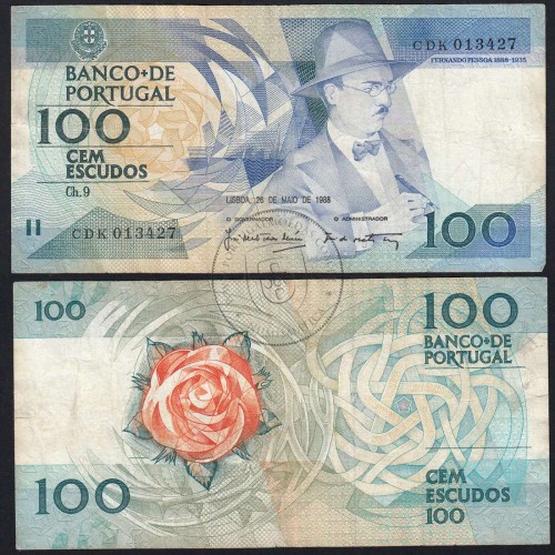 100 Escudos Fernando Pessoa 26.05.1988, One Hundred Escudos 26 May 1988 Plate 9 - Bank of Portugal, (C), Pick 179e