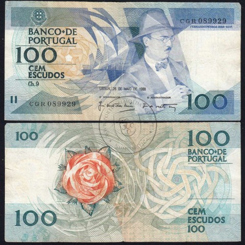 100 Escudos 1988 Fernando Pessoa 26/05/1988, 100$00 Cem Escudos 26/05/1988 Chapa:9 Banco de Portugal, (C), Pick 179e
