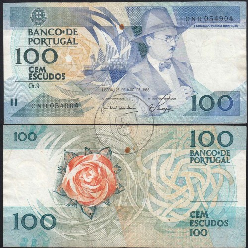 100 Escudos Fernando Pessoa 26.05.1988, One Hundred Escudos 26 May 1988 Plate 9 - Bank of Portugal, (C), Pick 179e