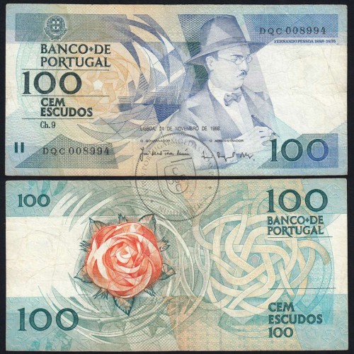 100 Escudos Fernando Pessoa 24.11.1988, One Hundred Escudos 24 November 1988 Plate 9 - Bank of Portugal, (C), Pick 179f
