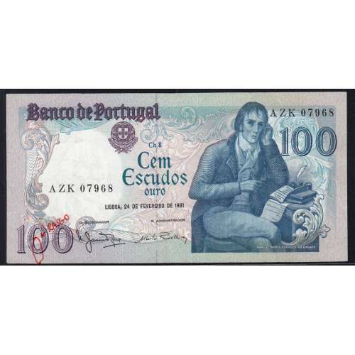 100 Escudos 1981 Bocage 24/02/1981, 100$00 Cem Escudos 24/02/1981 Chapa:8 Banco de Portugal, (C c/rasgo), Pick 178b