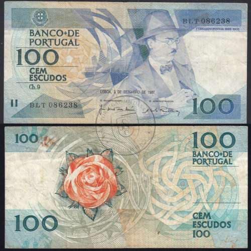 100 Escudos Fernando Pessoa 03.12.1987, One Hundred Escudos 3 december 1987 Plate 9 - Bank of Portugal, (C), Pick 179d