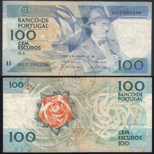 100 Escudos Fernando Pessoa 03.12.1987, One Hundred Escudos 3 december 1987 Plate 9 - Bank of Portugal, (C), Pick 179d