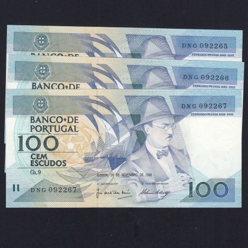 LOTE 3 NOTAS C/ Nº SEGUIDOS -100 ESCUDOS 1988 (Não CIRCULADAS) "100$00 1988 Ch.9 FERNANDO PESSOA -BANCO DE PORTUGAL(24/11/1988)