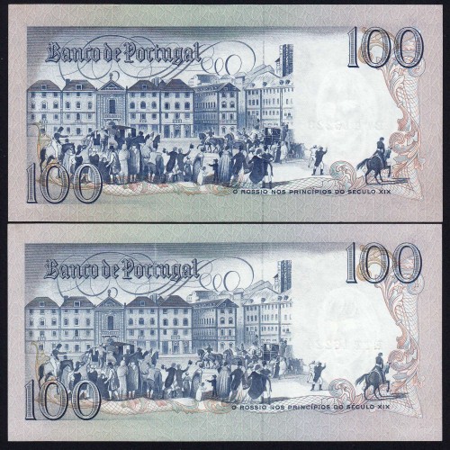LOTE DE 2 NOTAS C/ NÚMEROS SEGUIDOS -100 ESCUDOS 1985(POUCO CIRCULADAS) "100$00 1985 Ch.8 BOCAGE - BANCO DE PORTUGAL(04/06/1985)