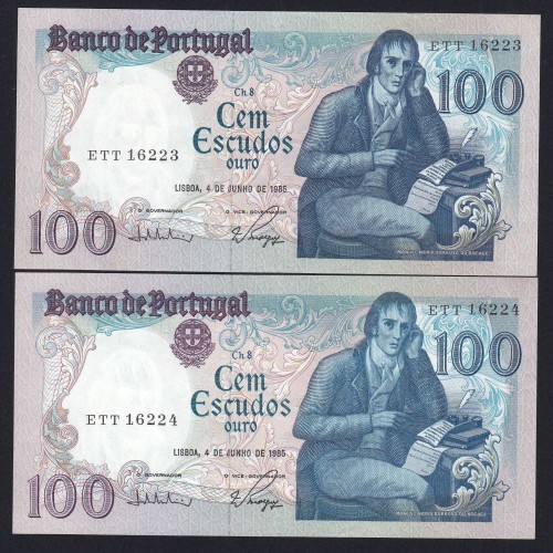 LOTE DE 2 NOTAS C/ NÚMEROS SEGUIDOS -100 ESCUDOS 1985(POUCO CIRCULADAS) "100$00 1985 Ch.8 BOCAGE - BANCO DE PORTUGAL(04/06/1985)