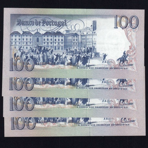 Lot of 4 banknotes w/ consecutive numbers - 100 Escudos 1980 (Pouco Circuladas) "100$00 Ch.8 Bocage - Banco de Portugal