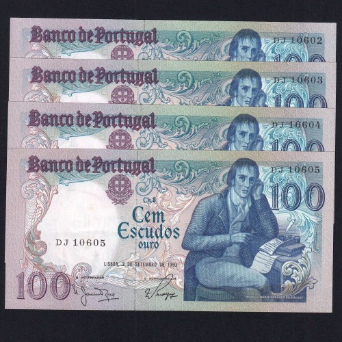 Lote de 4 Notas c/ Números Seguidos - 100 Escudos 1980 (Pouco Circuladas) "100$00 Ch.8 Bocage - Banco de Portugal (02/09/1980)