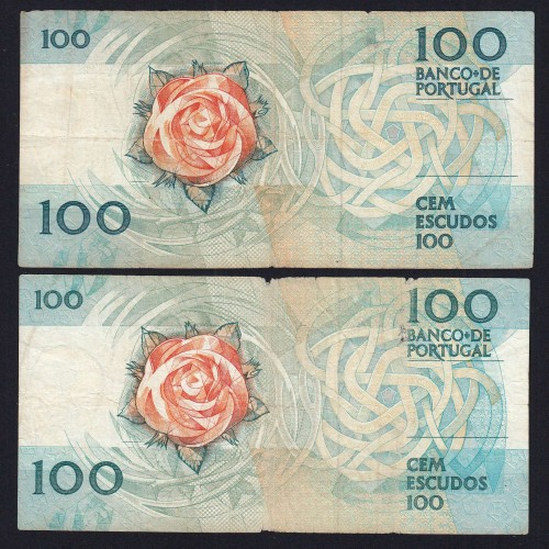 Lot 2 signatures 100 Escudos Fernando Pessoa 11/24/1988, 100$00 One Hundred Escudos Plate:9 Banco de Portugal, (C), Pick 179f