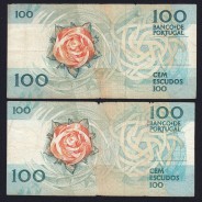 Lot 2 signatures 100 Escudos Fernando Pessoa 11/24/1988, 100$00 One Hundred Escudos Plate:9 Banco de Portugal, (C), Pick 179f