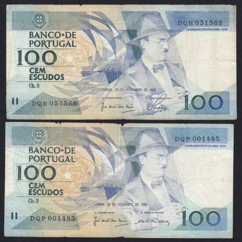 Lote 2 assinaturas 100 Escudos Fernando Pessoa 24/11/1988, 100$00 Cem Escudos Chapa:9 Banco de Portugal, (C), Pick 179f