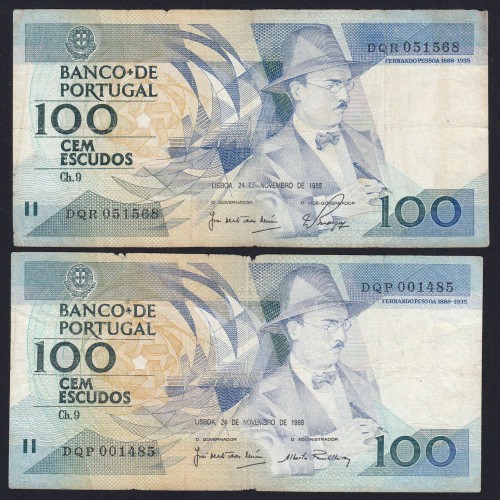 Lot 2 signatures 100 Escudos Fernando Pessoa 11/24/1988, 100$00 One Hundred Escudos Plate:9 Banco de Portugal, (C), Pick 179f