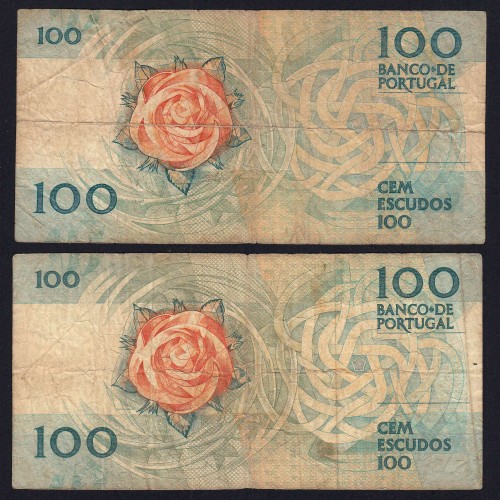 Lot w/ 2 dates of 100 Escudos Fernando Pessoa, 100$00 One Hundred Escudos Plate: 9 Banco de Portugal, (MC), Pick 179