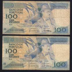Lote c/ 2 datas de 100 Escudos Fernando Pessoa, 100$00 Cem Escudos Chapa:9 Banco de Portugal, (MC), Pick 179