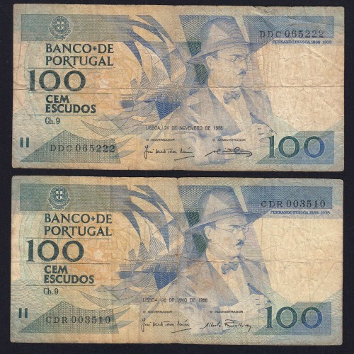 Lot w/ 2 dates of 100 Escudos Fernando Pessoa, 100$00 One Hundred Escudos Plate: 9 Banco de Portugal, (MC), Pick 179