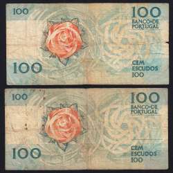 Lote c/ 2 datas de 100 Escudos Fernando Pessoa, 100$00 Cem Escudos Chapa:9 Banco de Portugal, (MC), Pick 179