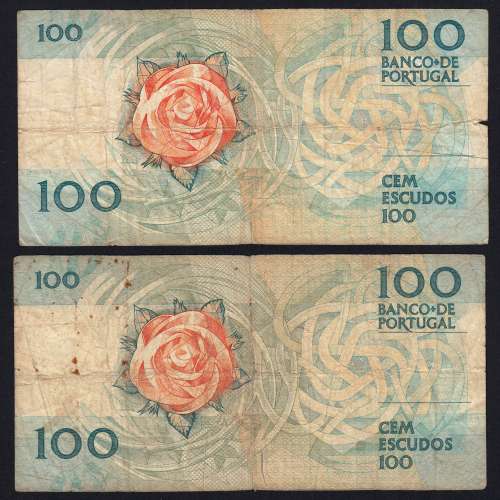 Lote c/ 2 datas de 100 Escudos Fernando Pessoa, 100$00 Cem Escudos Chapa:9 Banco de Portugal, (MC), Pick 179