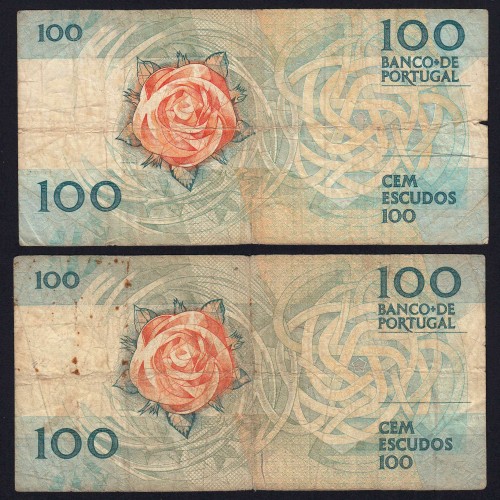 Lot w/ 2 dates of 100 Escudos Fernando Pessoa, 100$00 One Hundred Escudos Plate: 9 Banco de Portugal, (MC), Pick 179