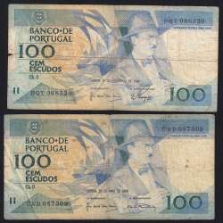 Lote c/ 2 datas de 100 Escudos Fernando Pessoa, 100$00 Cem Escudos Chapa:9 Banco de Portugal, (MC), Pick 179