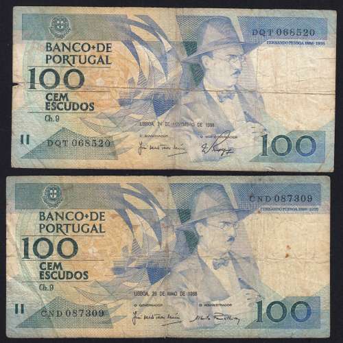 Lote c/ 2 datas de 100 Escudos Fernando Pessoa, 100$00 Cem Escudos Chapa:9 Banco de Portugal, (MC), Pick 179
