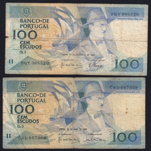 Lot w/ 2 dates of 100 Escudos Fernando Pessoa, 100$00 One Hundred Escudos Plate: 9 Banco de Portugal, (MC), Pick 179