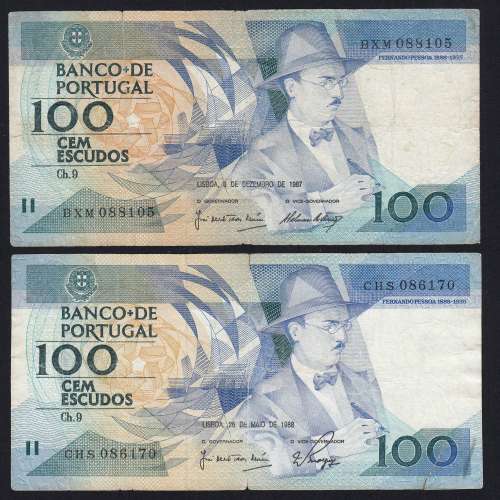 Lote c/ 2 datas de 100 Escudos Fernando Pessoa, 100$00 Cem Escudos Chapa:9 Banco de Portugal, (MC), Pick 179