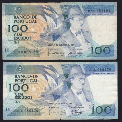 Lot w/ 2 dates of 100 Escudos Fernando Pessoa, 100$00 One Hundred Escudos Plate: 9 Banco de Portugal, (MC), Pick 179