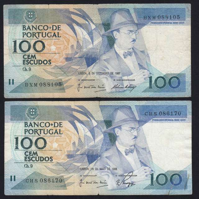Lote c/ 2 datas de 100 Escudos Fernando Pessoa, 100$00 Cem Escudos Chapa:9 Banco de Portugal, (MC), Pick 179