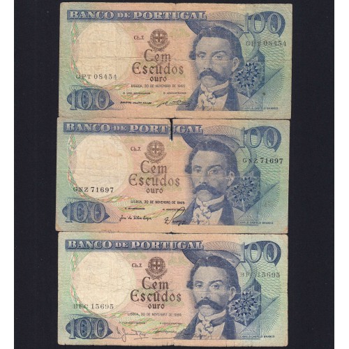 Lot 3 signatures 100 Escudos Camilo Castelo Branco 11/30/1965,One Hundred Escudos Plate:7 Banco de Portugal, (MC), Pick 169