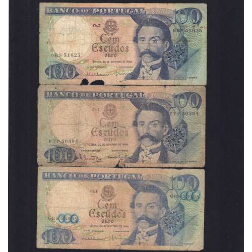 Lote 3 assinaturas 100 Escudos Camilo Castelo Branco 30/11/1965, 100$00 Cem Escudos Chapa:7 Banco de Portugal, (MC), Pick 169