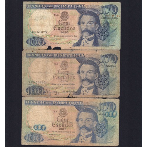 Lot 3 signatures 100 Escudos Camilo Castelo Branco 11/30/1965,One Hundred Escudos Plate:7 Banco de Portugal, (MC), Pick 169