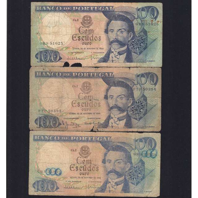 Lote 3 assinaturas 100 Escudos Camilo Castelo Branco 30/11/1965, 100$00 Cem Escudos Chapa:7 Banco de Portugal, (MC), Pick 169