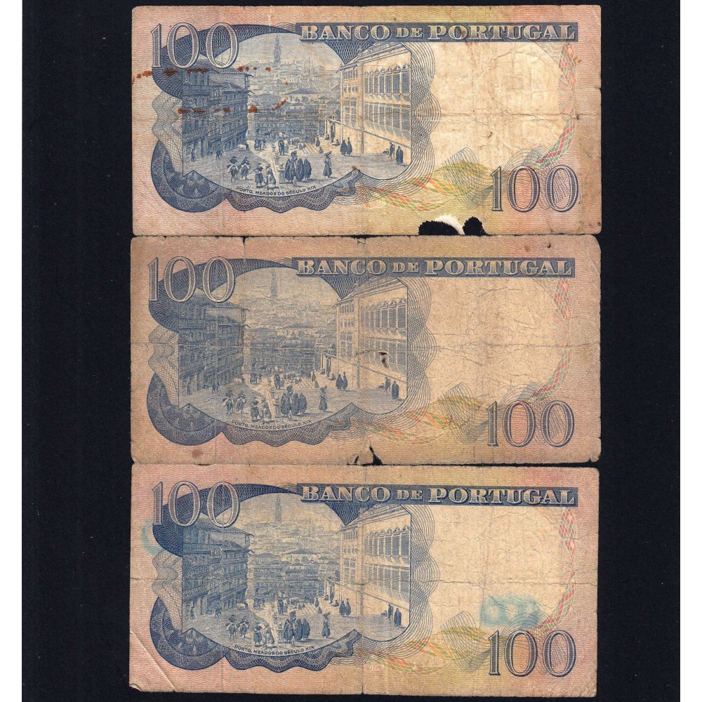 Lot 3 signatures 100 Escudos Camilo Castelo Branco 11/30/1965,One Hundred Escudos Plate:7 Banco de Portugal, (MC), Pick 169