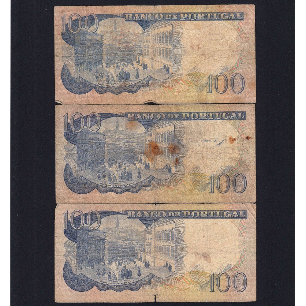 Lot 3 signatures 100 Escudos Camilo Castelo Branco 11/30/1965,One Hundred Escudos Plate:7 Banco de Portugal, (MC), Pick 169