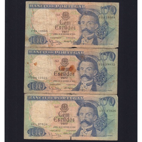 Lot 3 signatures 100 Escudos Camilo Castelo Branco 11/30/1965,One Hundred Escudos Plate:7 Banco de Portugal, (MC), Pick 169