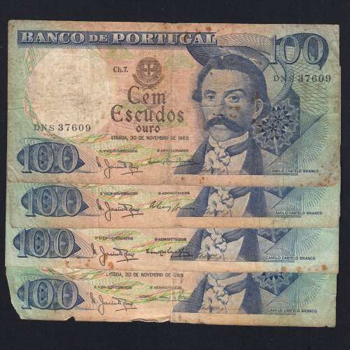 Lote 4 assinaturas 100 Escudos Camilo Castelo Branco 30/11/1965, 100$00 Cem Escudos Chapa:7 Banco de Portugal, (MC), Pick 169