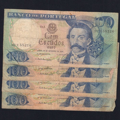 Lot 4 signatures 100 Escudos Camilo Castelo Branco 09/20/1978,One Hundred Escudos Plate:7 Banco de Portugal, (MC), Pick 169