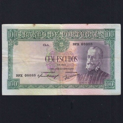 Nota de 100 Escudos 1950 Pedro Nunes, 100$00 24/10/1950 Chapa: 6 - Banco de Portugal (Circulada)
