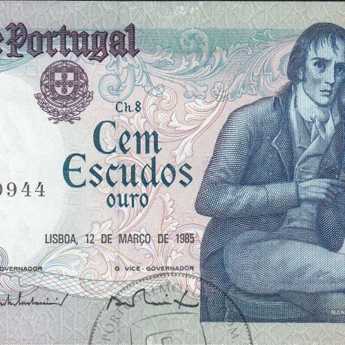 100 Escudos Bocage 12.03.1985, One Hundred Escudos 12 March 1985 Plate 8 - Bank of Portugal, (QNC w/ wear), Pick 178d