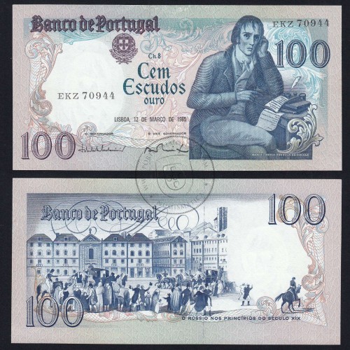 100 Escudos Bocage 12.03.1985, One Hundred Escudos 12 March 1985 Plate 8 - Bank of Portugal, (QNC w/ wear), Pick 178d