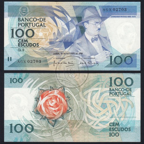 100 Escudos 1986 Fernando Pessoa 16/10/1986, 100$00 Cem Escudos 16/10/1986 Chapa:9 Banco de Portugal, (QNC), Pick 179a