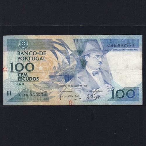 100 Escudos Fernando Pessoa 26.05.1988, One Hundred Escudos 26 May 1988 Plate 9 - Bank of Portugal, (C), Pick 179e
