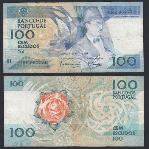 100 Escudos 1988 Fernando Pessoa 26/05/1988, 100$00 Cem Escudos 26/05/1988 Chapa:9 Banco de Portugal, (C), Pick 179e